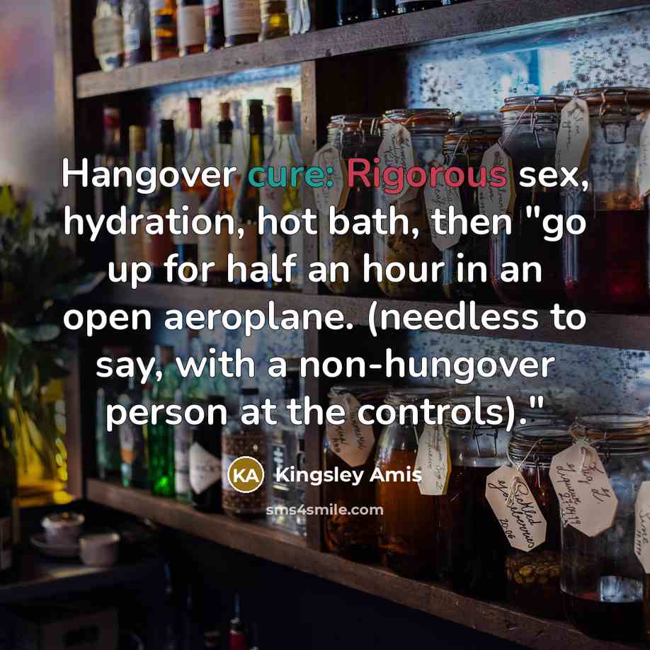 “Hangover cure: Rigorous sex, hydration, hot bath, then "go up…” quote by Kingsley Amis