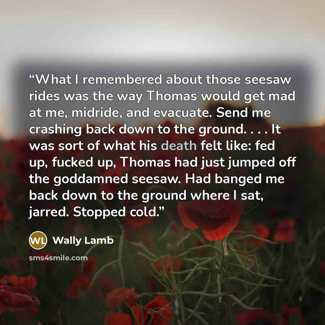 “What I remembered about those seesaw rides was the way Thomas would get mad at me, midride, and evacuate. Send me crashing back down to the ground. . . . It was sort of what his death felt like: fed up, fucked up, Thomas had just jumped off the goddamned seesaw. Had banged me back down to the…” quote by Wally Lamb