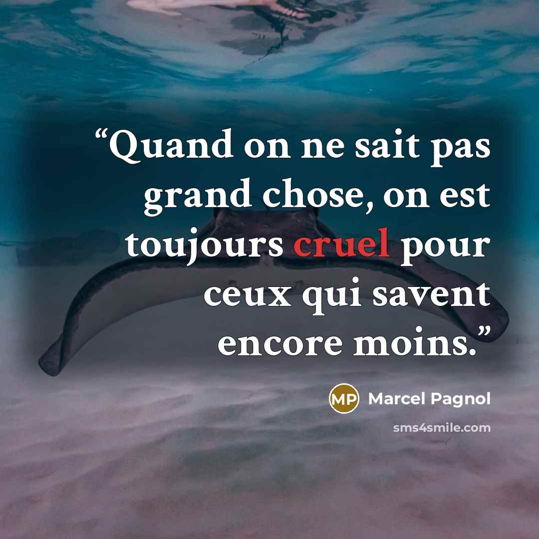 “Quand on ne sait pas grand chose, on est toujours cruel pour ceux qui savent encore moins.” quote by Marcel Pagnol