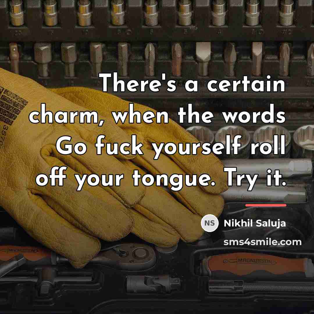 “There's a certain charm, when the words Go fuck yourself…” quote by Nikhil Saluja
