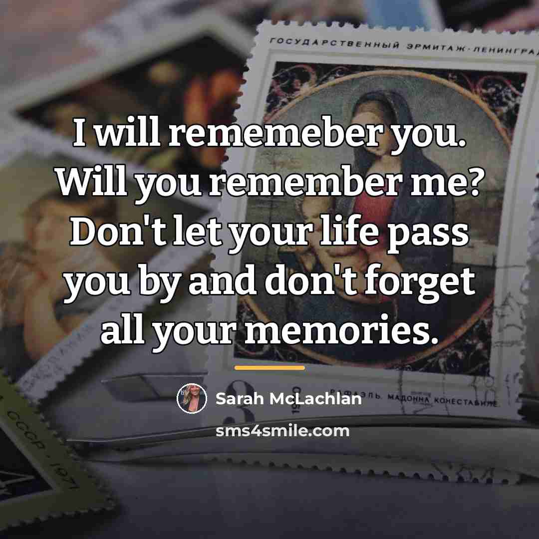 “I will rememeber you. Will you remember me? Don't let…” quote by Sarah McLachlan