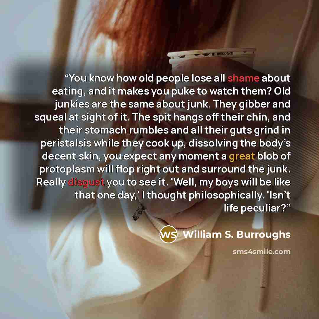 “You know how old people lose all shame about eating, and it makes you puke to watch them? Old junkies are the same about junk. They gibber and squeal at sight of it. The spit hangs off their chin, and their stomach rumbles and all their guts grind in peristalsis while they cook up, dissolving the…” quote by William S. Burroughs