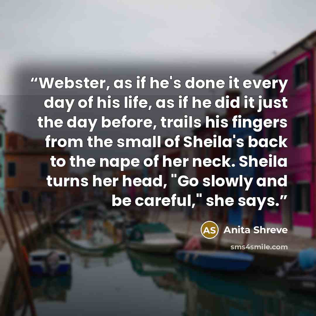 “Webster, as if he's done it every day of his life, as if he did it just the day before, trails his fingers from the small of Sheila's back to the nape of her neck. Sheila turns her head, "Go slowly and be careful," she says.” quote by Anita Shreve