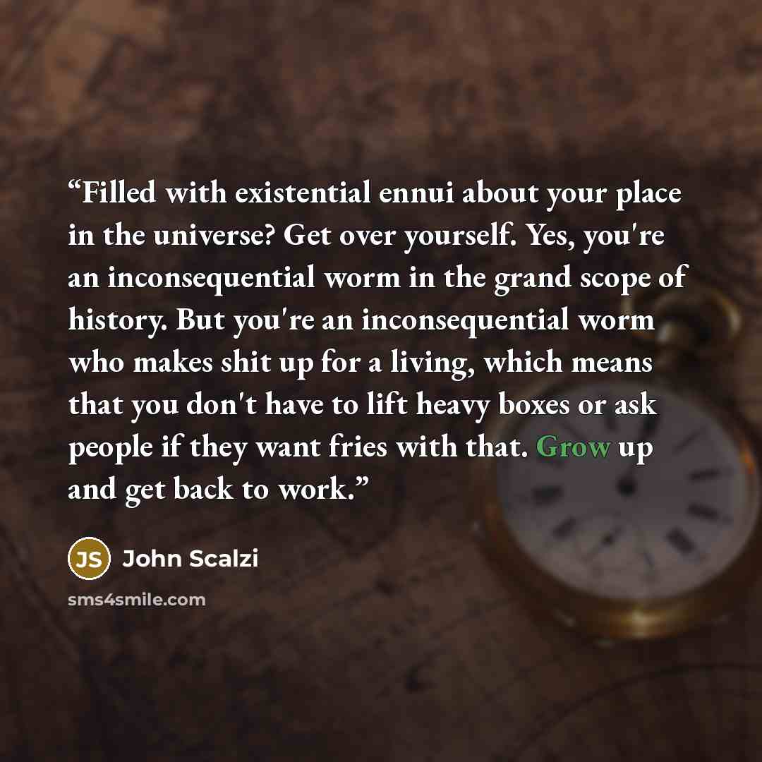 “Filled with existential ennui about your place in the universe? Get over yourself. Yes, you're an inconsequential worm in the grand scope of history. But you're an inconsequential worm who makes shit up for a living, which means that you don't have to lift heavy boxes or ask people if they want…” quote by John Scalzi