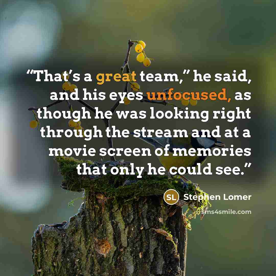 “That’s a great team,” he said, and his eyes unfocused, as though he was looking right through the stream and at a movie screen of memories that only he could see.” quote by Stephen Lomer