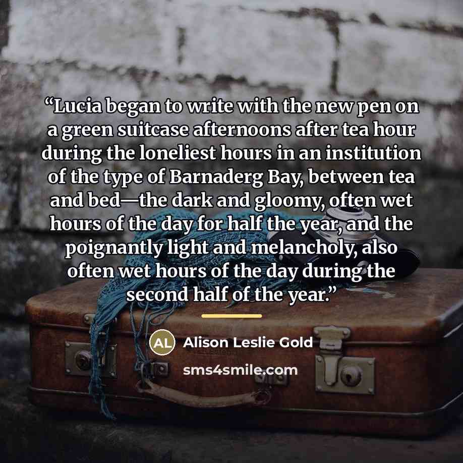“Lucia began to write with the new pen on a green suitcase afternoons after tea hour during the loneliest hours in an institution of the type of Barnaderg Bay, between tea and bed—the dark and gloomy, often wet hours of the day for half the year, and the poignantly light and melancholy, also often…” quote by Alison Leslie Gold