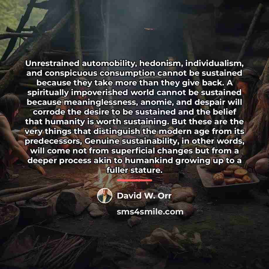 “Unrestrained automobility, hedonism, individualism, and conspicuous consumption cannot be sustained…” quote by David W. Orr