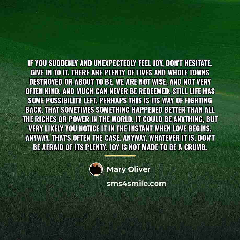 “If you suddenly and unexpectedly feel joy, don't hesitate. Give…” quote by Mary Oliver