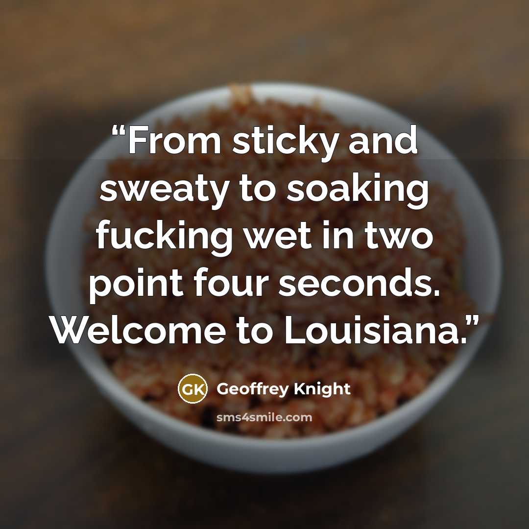 “From sticky and sweaty to soaking fucking wet in two point four seconds. Welcome to Louisiana.” quote by Geoffrey Knight