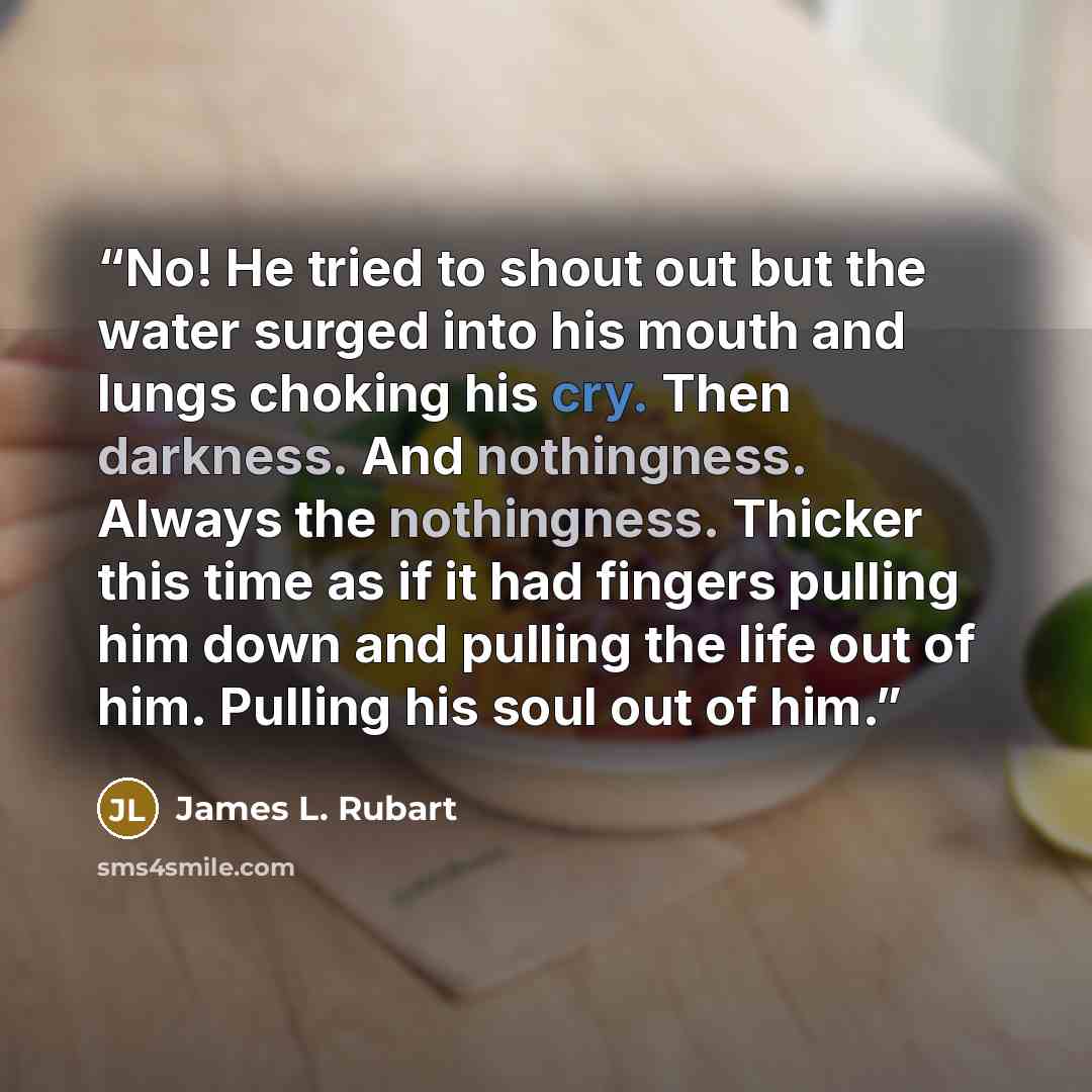 “No! He tried to shout out but the water surged into his mouth and lungs choking his cry. Then darkness. And nothingness. Always the nothingness. Thicker this time as if it had fingers pulling him down and pulling the life out of him. Pulling his soul out of him.” quote by James L. Rubart