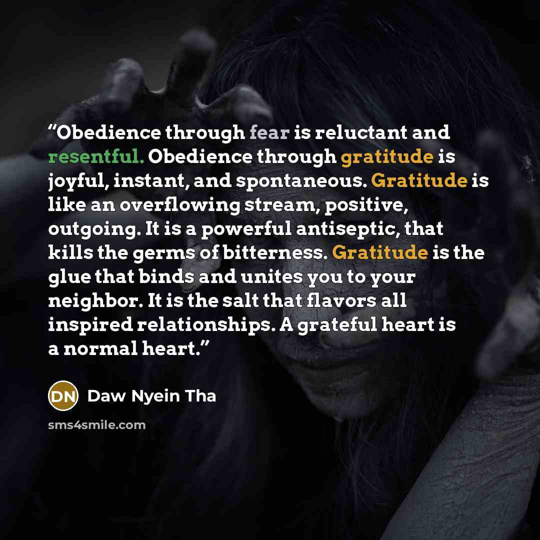 “Obedience through fear is reluctant and resentful. Obedience through gratitude is joyful, instant, and spontaneous. Gratitude is like an overflowing stream, positive, outgoing. It is a powerful antiseptic, that kills the germs of bitterness. Gratitude is the glue that binds and unites you to your…” quote by Daw Nyein Tha