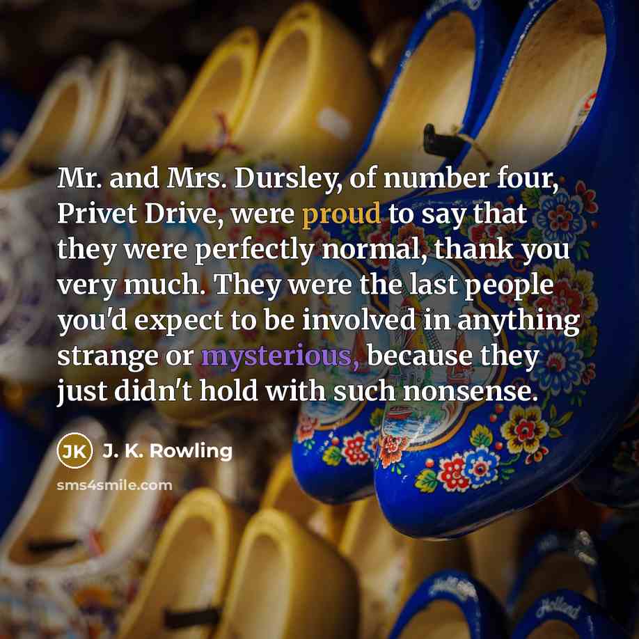 “Mr. and Mrs. Dursley, of number four, Privet Drive, were…” quote by J. K. Rowling