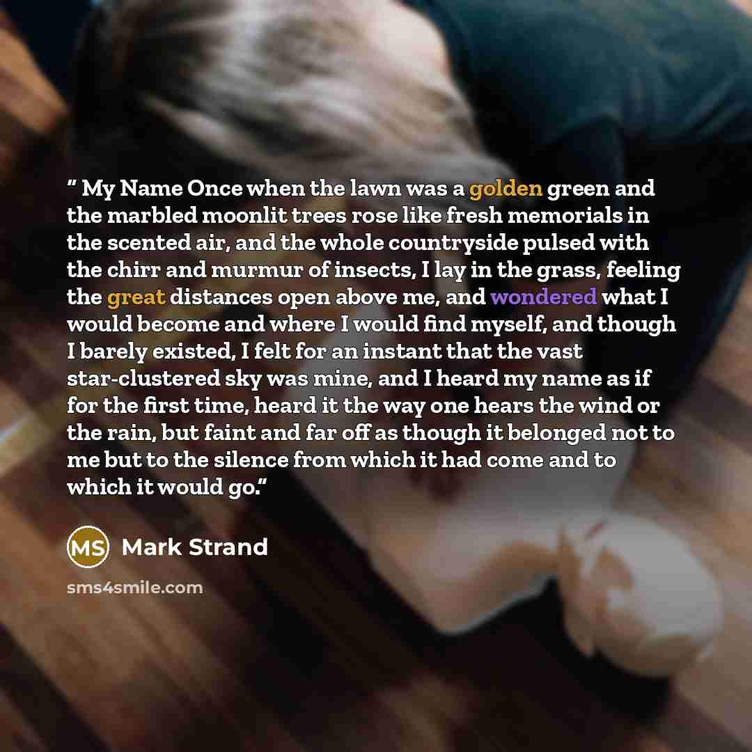 “My Name Once when the lawn was a golden green and the marbled moonlit trees rose like fresh memorials in the scented air, and the whole countryside pulsed with the chirr and murmur of insects, I lay in the grass, feeling the great distances open above me, and wondered what I would become and where…” quote by Mark Strand