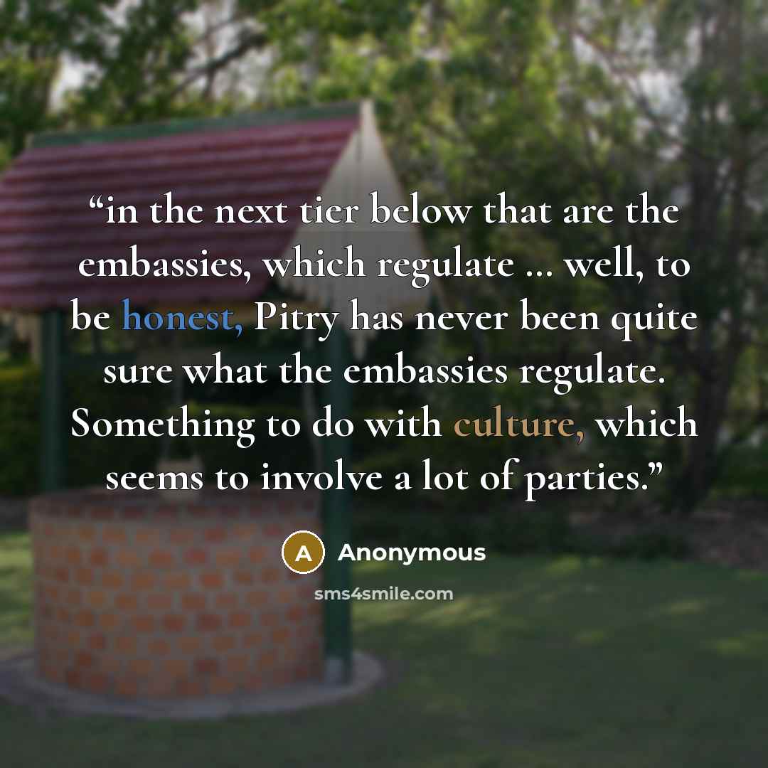 “in the next tier below that are the embassies, which regulate … well, to be honest, Pitry has never been quite sure what the embassies regulate. Something to do with culture, which seems to involve a lot of parties.” quote by Anonymous