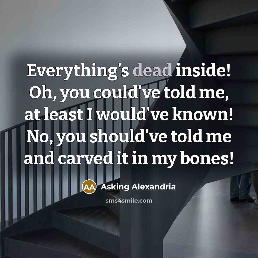 “Everything's dead inside! Oh, you could've told me, at least I would've known! No, you should've told me and carved it in my bones!” quote by Asking Alexandria