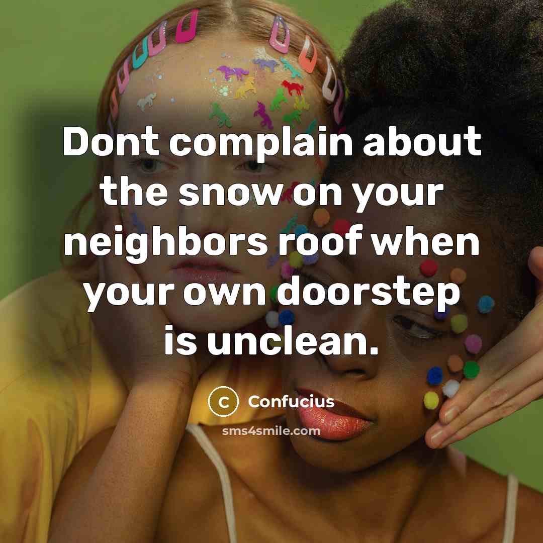 “Dont complain about the snow on your neighbors roof when your own doorstep is unclean.” quote by Confucius