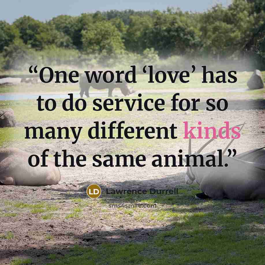 “One word ‘love’ has to do service for so many different kinds of the same animal.” quote by Lawrence Durrell