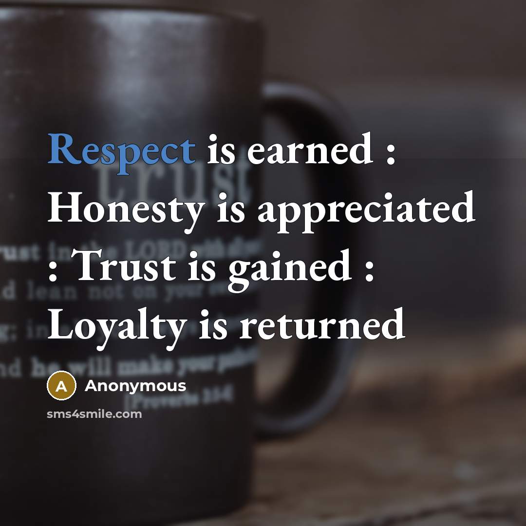 “Respect is earned : Honesty is appreciated : Trust is…” quote by Anonymous