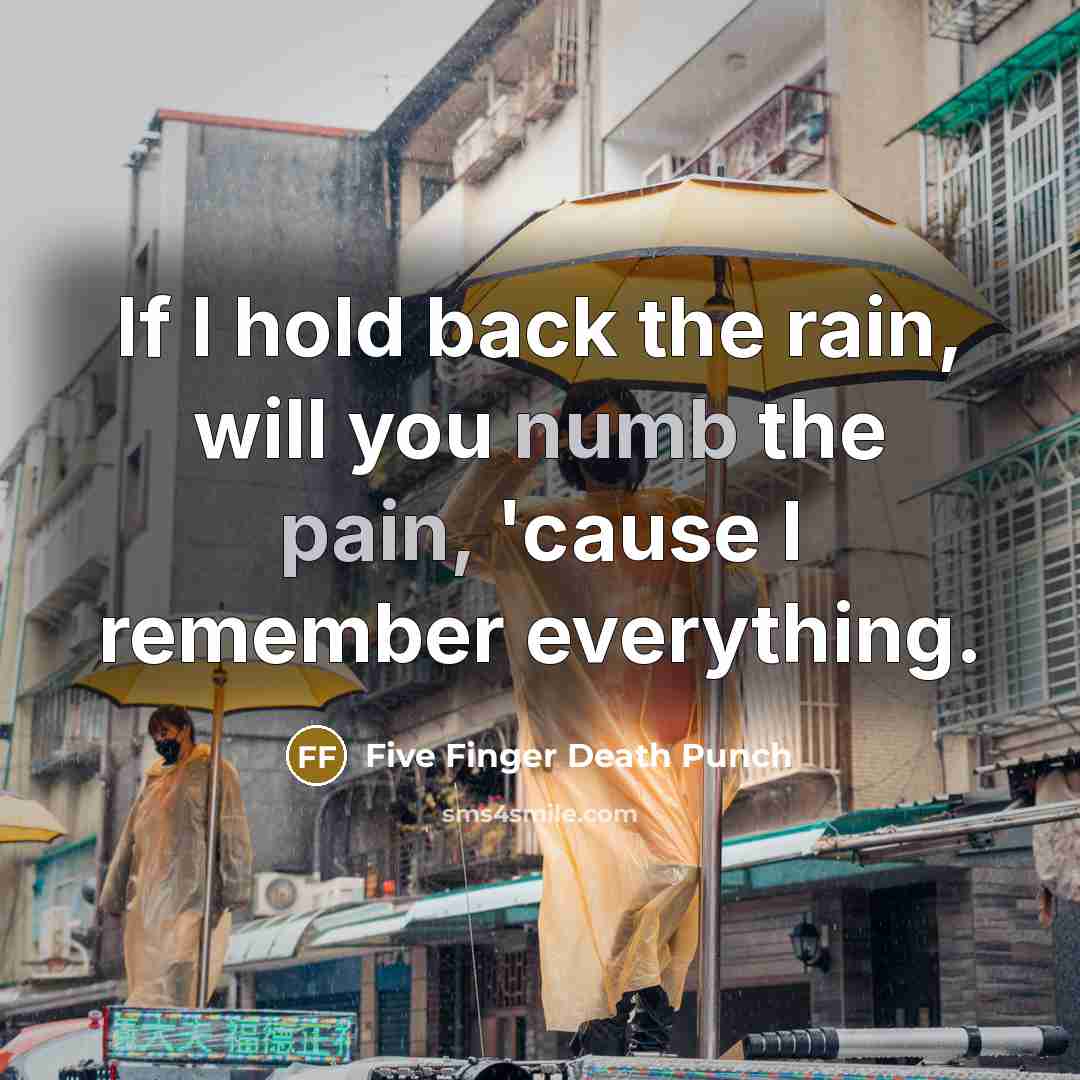 “If I hold back the rain, will you numb the…” quote by Five Finger Death Punch