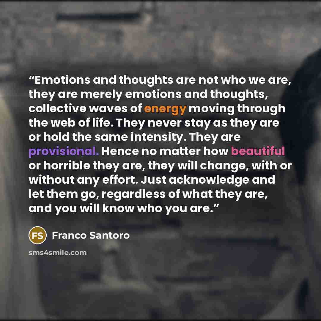 “Emotions and thoughts are not who we are, they are merely emotions and thoughts, collective waves of energy moving through the web of life. They never stay as they are or hold the same intensity. They are provisional. Hence no matter how beautiful or horrible they are, they will change, with or…” quote by Franco Santoro