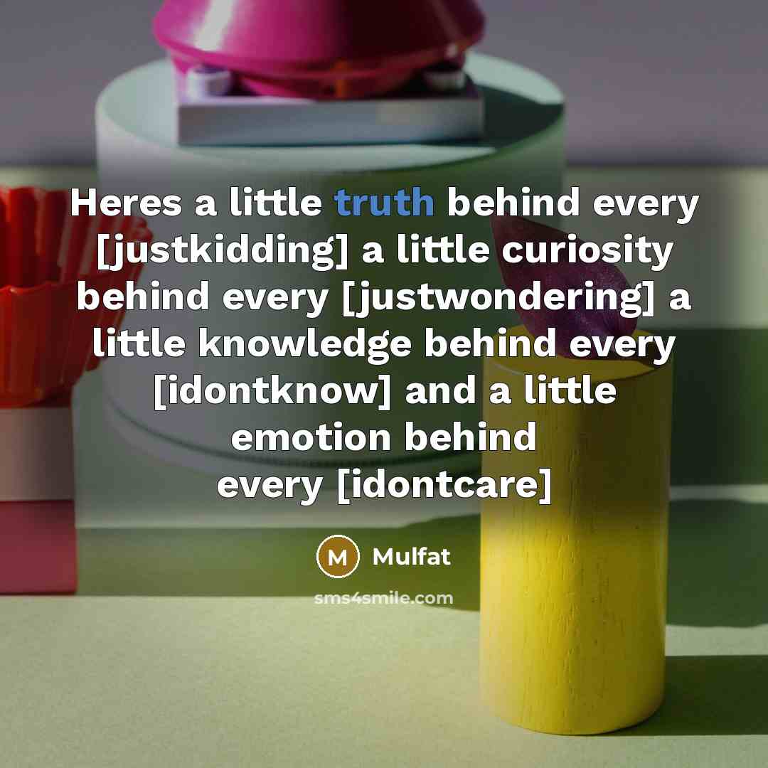 “Heres a little truth behind every [justkidding] a little curiosity behind every [justwondering] a little knowledge behind every [idontknow] and a little emotion behind every [idontcare]” quote by Mulfat