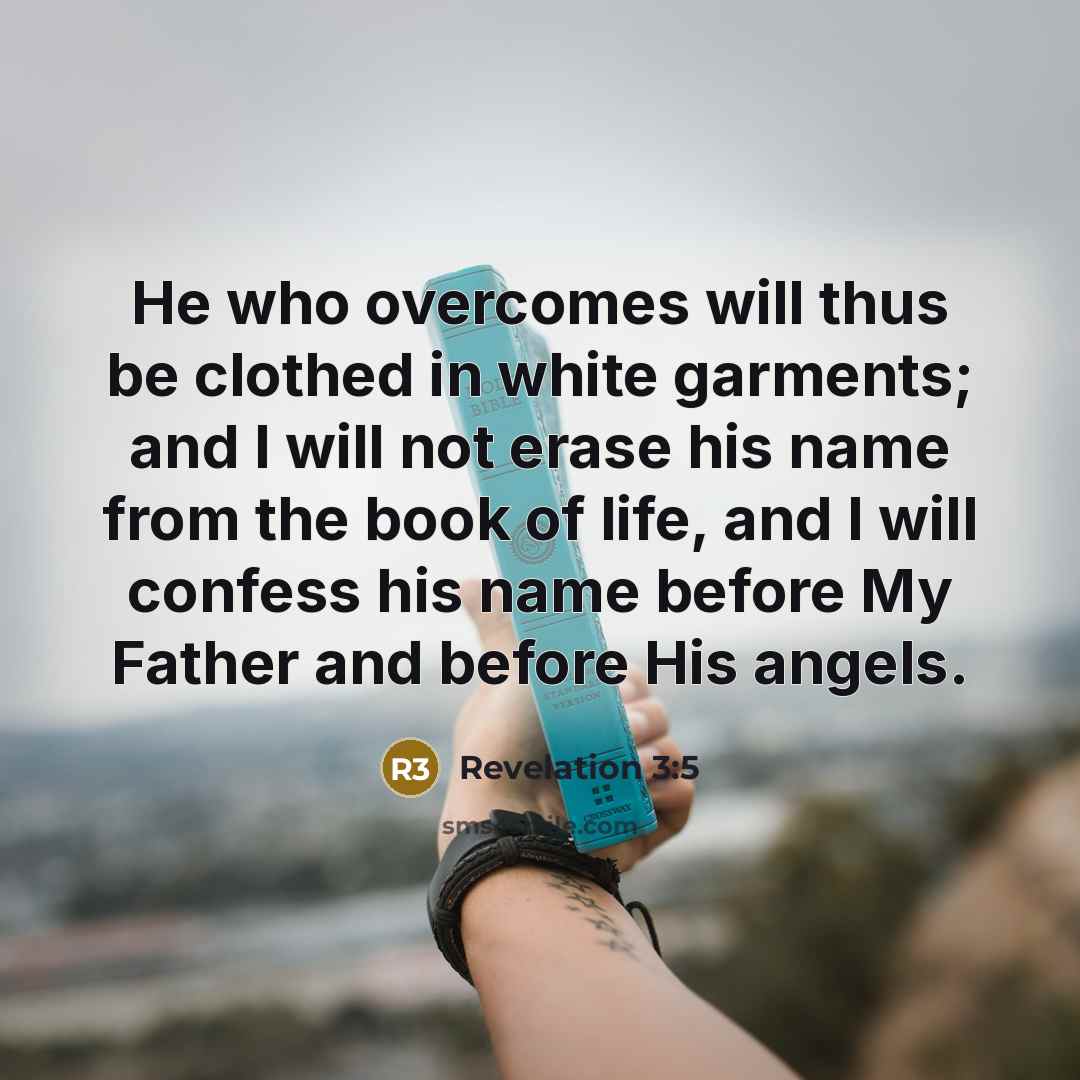 “He who overcomes will thus be clothed in white garments; and I will not erase his name from the book of life, and I will confess his name before My Father and before His angels.” quote by Revelation 3:5