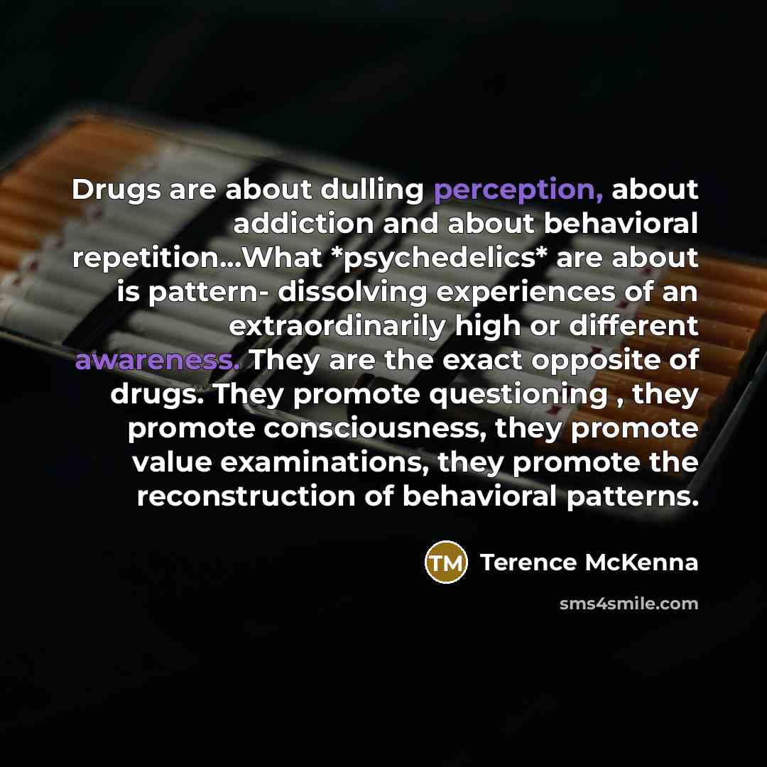 “Drugs are about dulling perception, about addiction and about behavioral…” quote by Terence McKenna