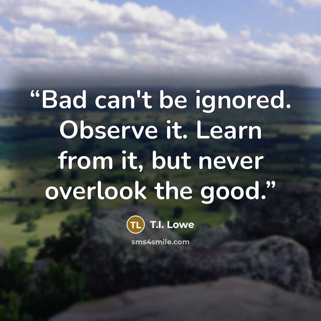 “Bad can't be ignored. Observe it. Learn from it, but never overlook the good.” quote by T.I. Lowe
