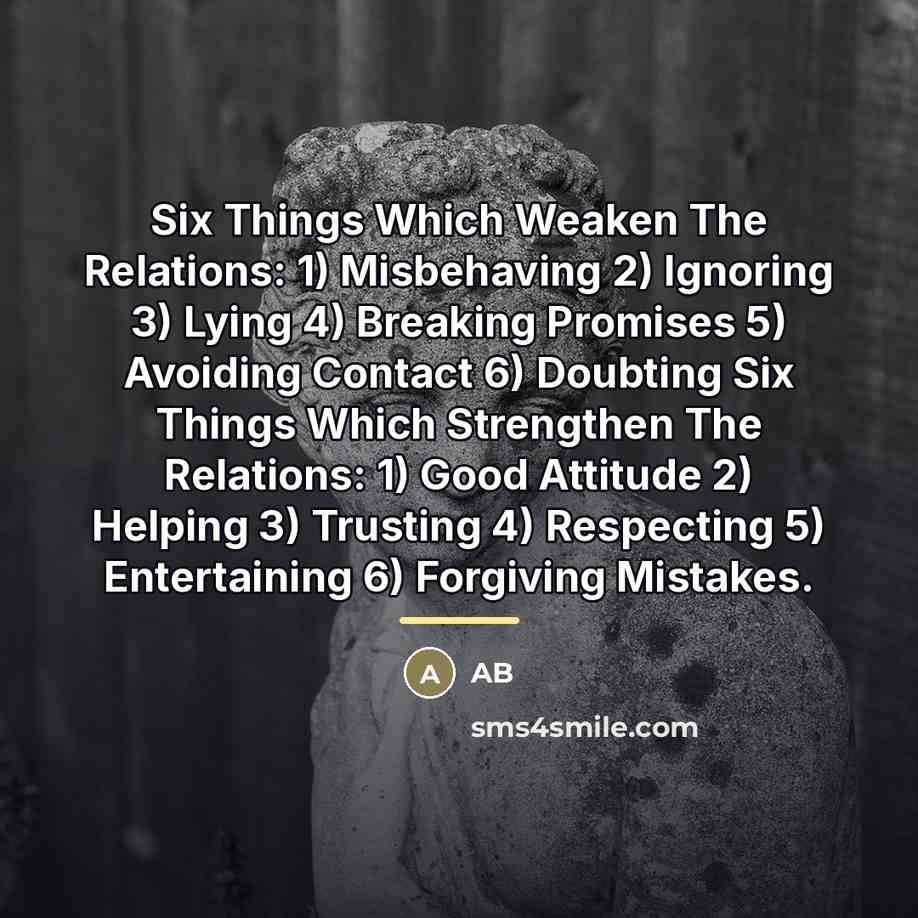 “Six Things Which Weaken The Relations: 1) Misbehaving 2) Ignoring…” quote by AB