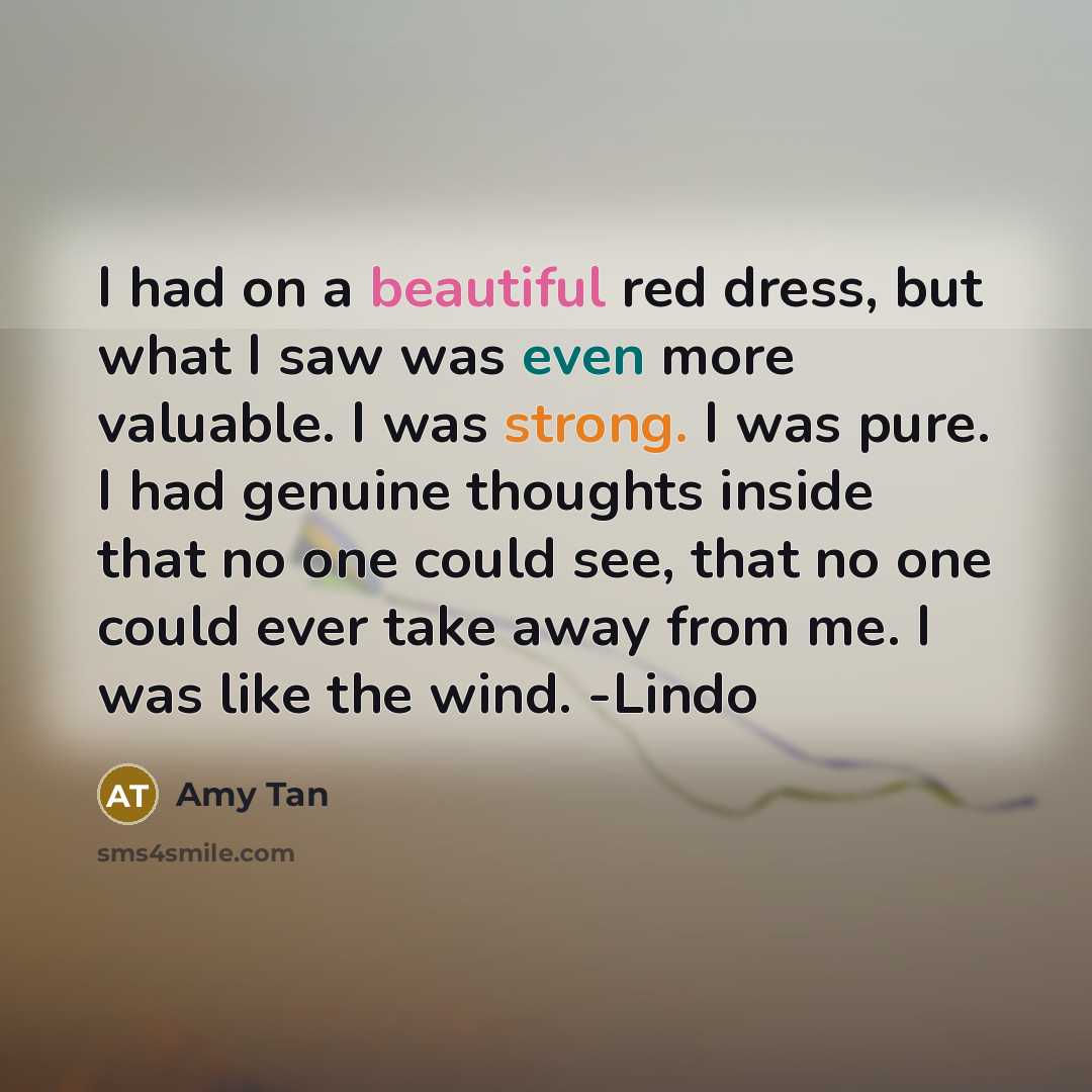 “I had on a beautiful red dress, but what I…” quote by Amy Tan