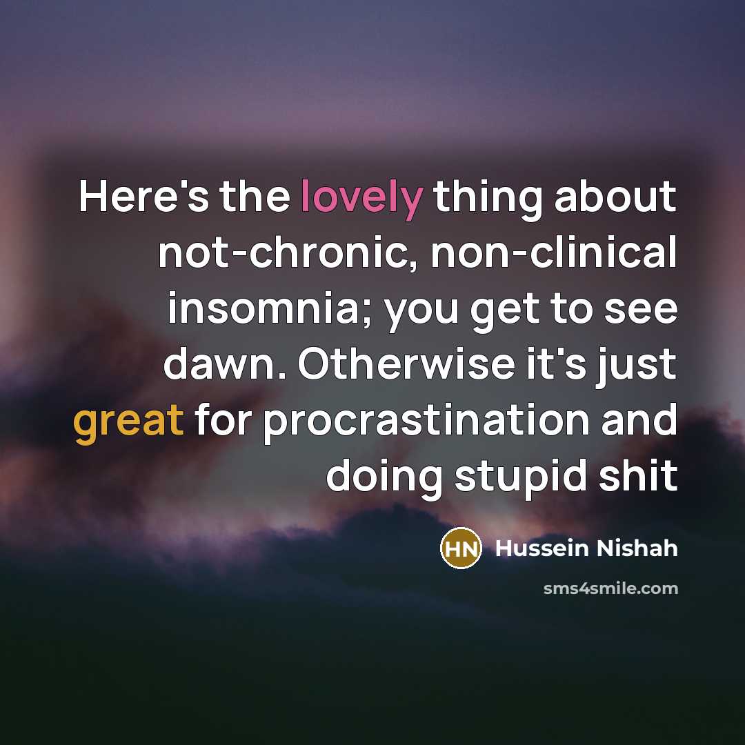 “Here's the lovely thing about not-chronic, non-clinical insomnia; you get…” quote by Hussein Nishah
