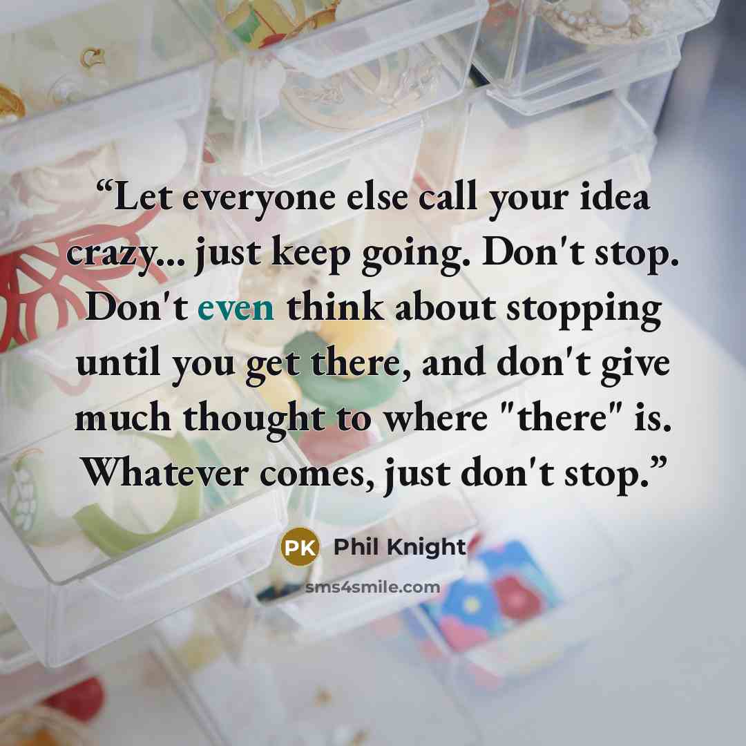“Let everyone else call your idea crazy... just keep going. Don't stop. Don't even think about stopping until you get there, and don't give much thought to where "there" is. Whatever comes, just don't stop.” quote by Phil Knight