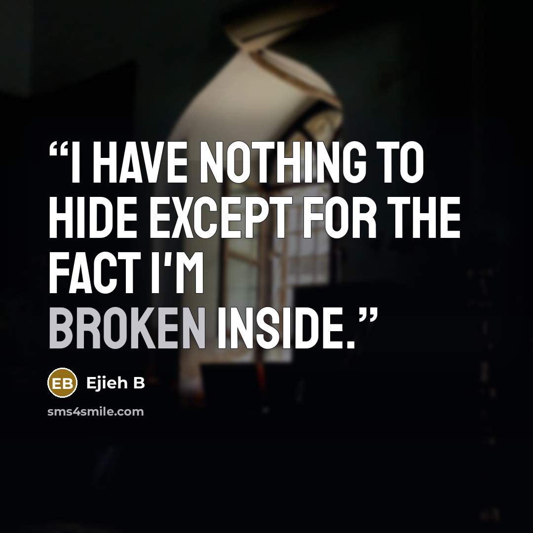 “I have nothing to hide except for the fact i'm broken inside.” quote by Ejieh B