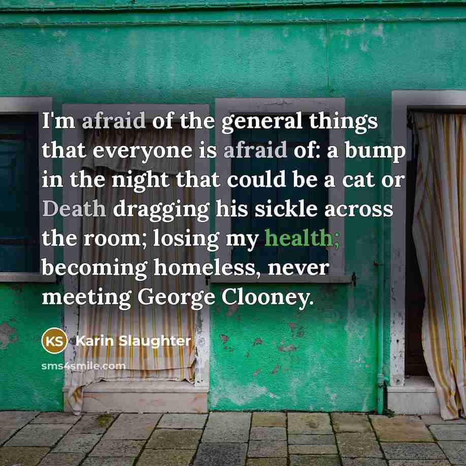 “I'm afraid of the general things that everyone is afraid of: a bump in the night that could be a cat or Death dragging his sickle across the room; losing my health; becoming homeless, never meeting George Clooney.” quote by Karin Slaughter