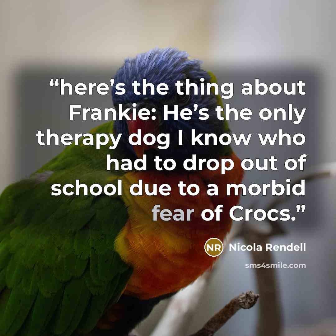 “here’s the thing about Frankie: He’s the only therapy dog I know who had to drop out of school due to a morbid fear of Crocs.” quote by Nicola Rendell