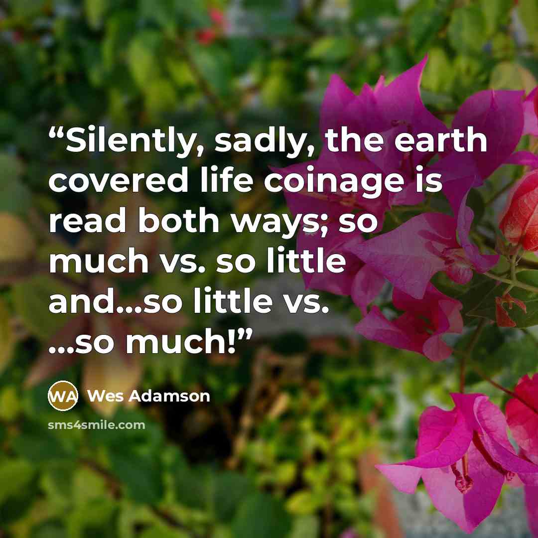 “Silently, sadly, the earth covered life coinage is read both ways; so much vs. so little and…so little vs. …so much!” quote by Wes Adamson