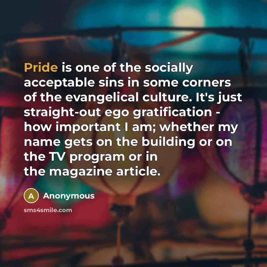 “Pride is one of the socially acceptable sins in some…” quote by Anonymous