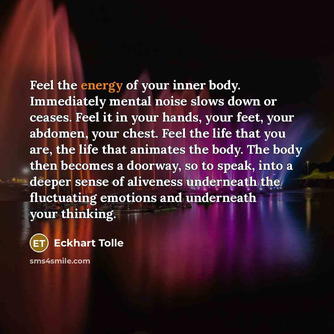 “Feel the energy of your inner body. Immediately mental noise…” quote by Eckhart Tolle