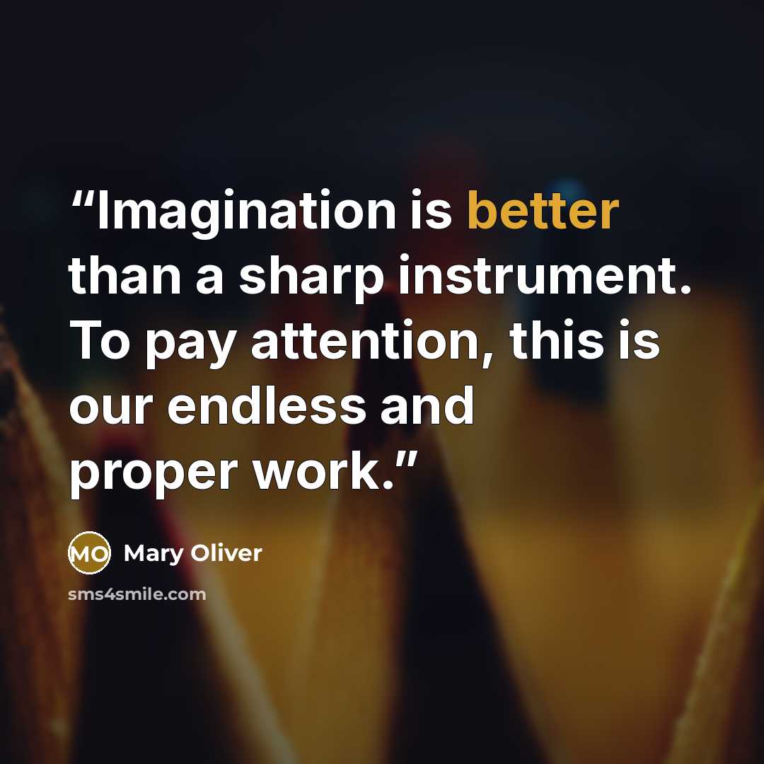 “Imagination is better than a sharp instrument. To pay attention, this is our endless and proper work.” quote by Mary Oliver