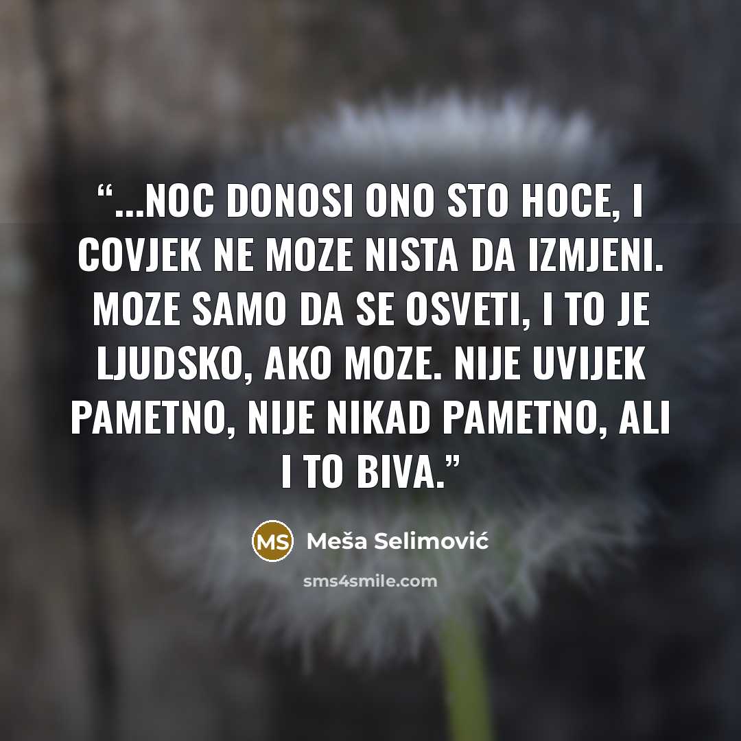 “...noc donosi ono sto hoce, i covjek ne moze nista da izmjeni. Moze samo da se osveti, i to je ljudsko, ako moze. Nije uvijek pametno, nije nikad pametno, ali i to biva.” quote by Meša Selimović