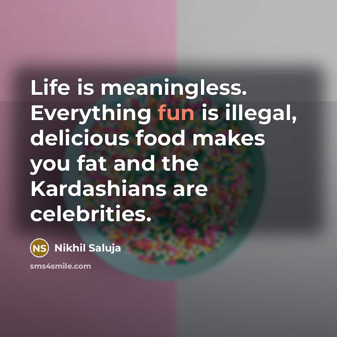 “Life is meaningless. Everything fun is illegal, delicious food makes…” quote by Nikhil Saluja