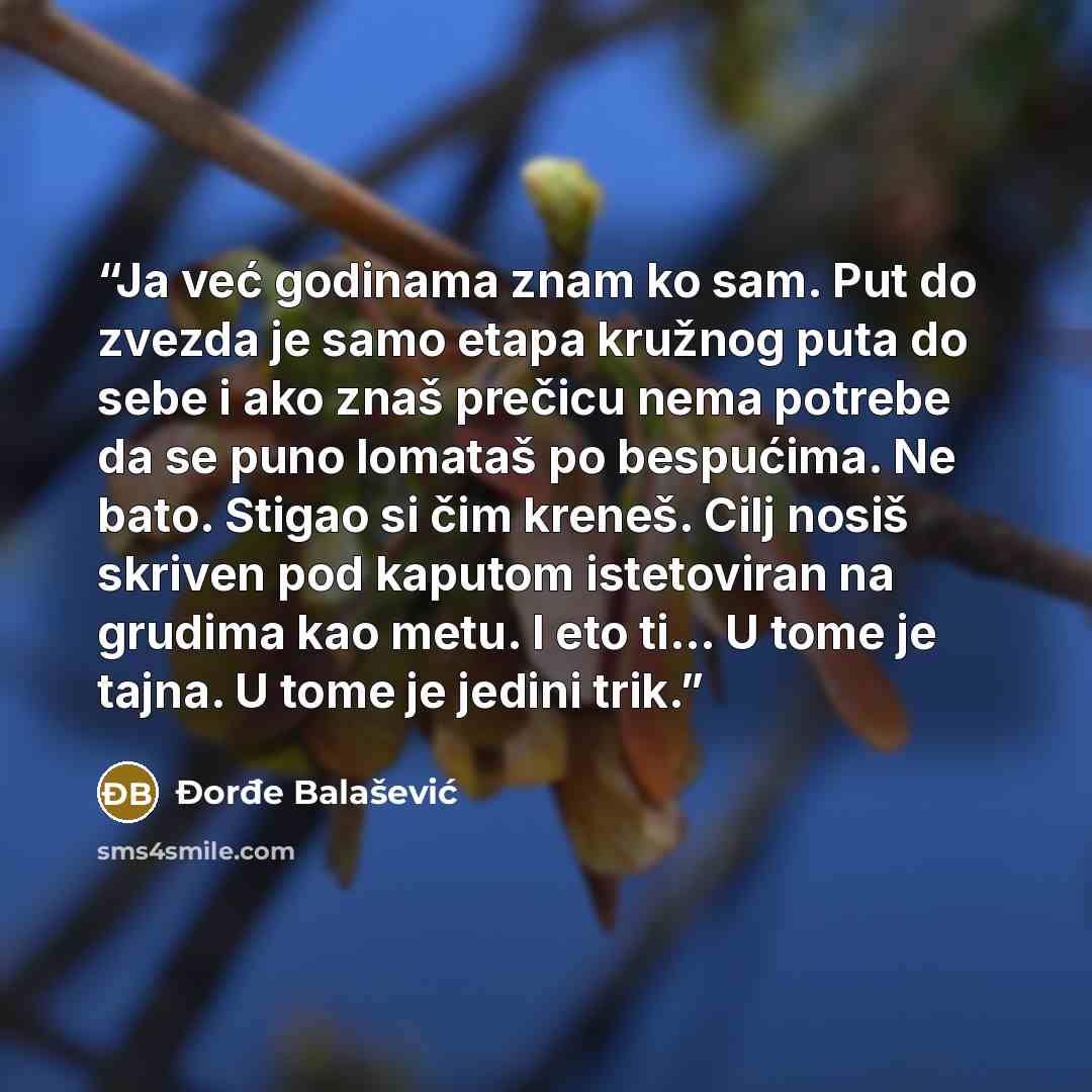 “Ja već godinama znam ko sam. Put do zvezda je samo etapa kružnog puta do sebe i ako znaš prečicu nema potrebe da se puno lomataš po bespućima. Ne bato. Stigao si čim kreneš. Cilj nosiš skriven pod kaputom istetoviran na grudima kao metu. I eto ti... U tome je tajna. U tome je jedini trik.” quote by Đorđe Balašević