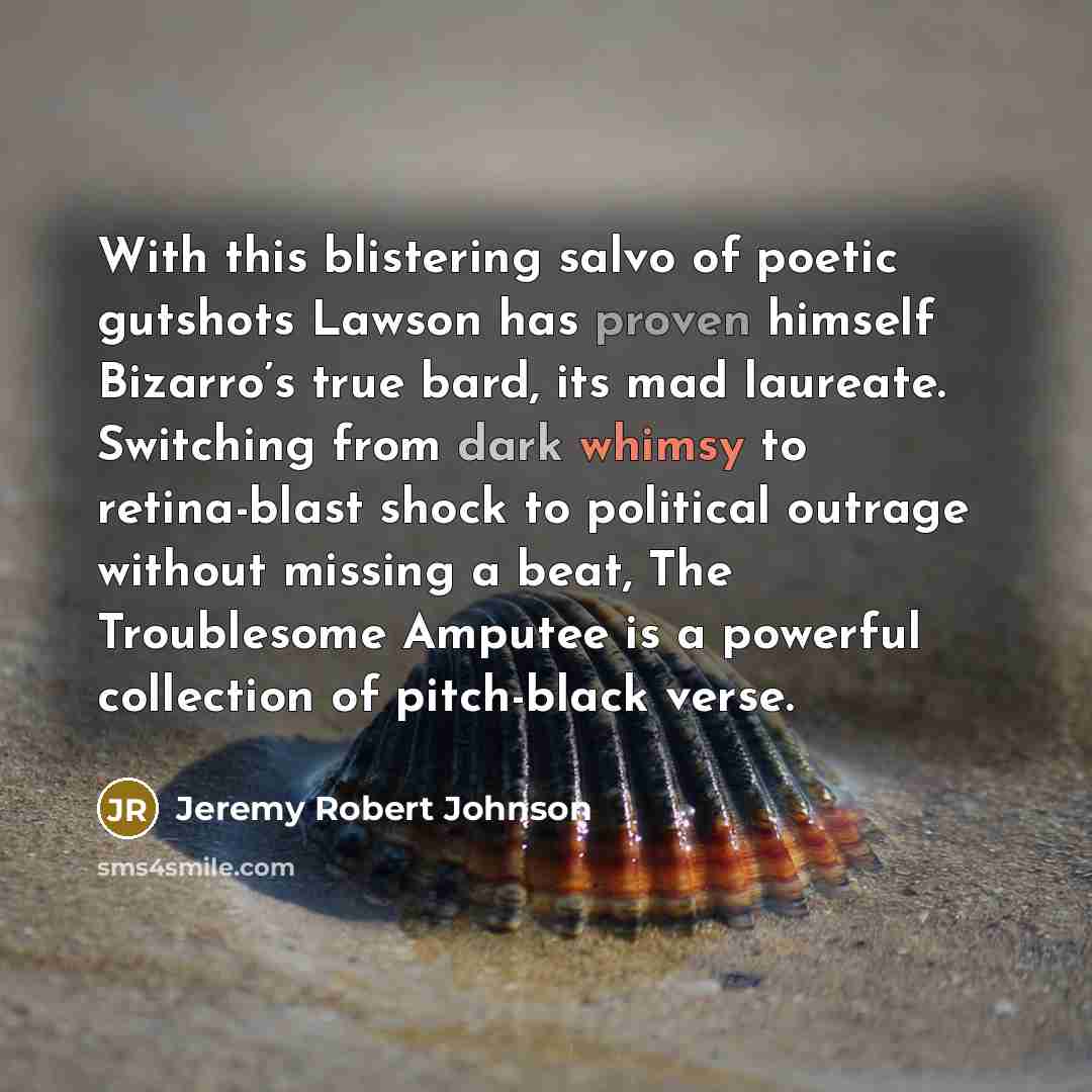 “With this blistering salvo of poetic gutshots Lawson has proven himself Bizarro’s true bard, its mad laureate. Switching from dark whimsy to retina-blast shock to political outrage without missing a beat, The Troublesome Amputee is a powerful collection of pitch-black verse.” quote by Jeremy Robert Johnson