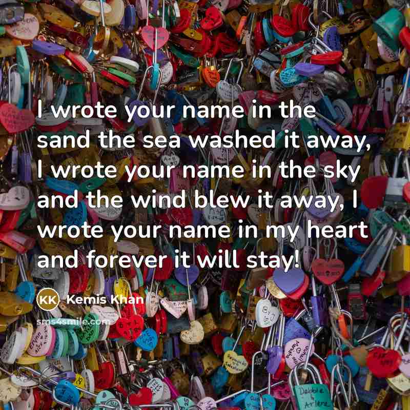 “I wrote your name in the sand the sea washed…” quote by Kemis Khan