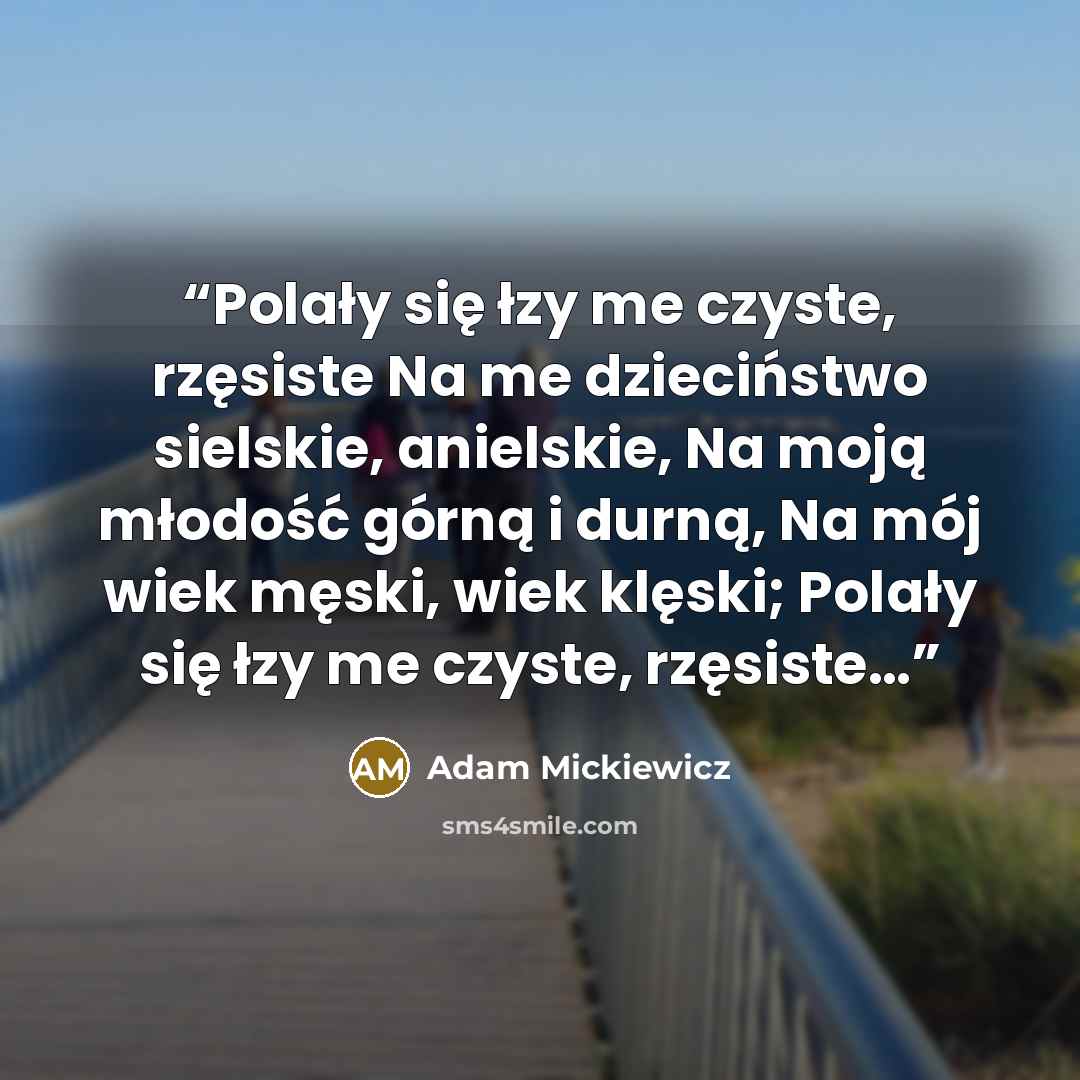 “Polały się łzy me czyste, rzęsiste Na me dzieciństwo sielskie, anielskie, Na moją młodość górną i durną, Na mój wiek męski, wiek klęski; Polały się łzy me czyste, rzęsiste…” quote by Adam Mickiewicz