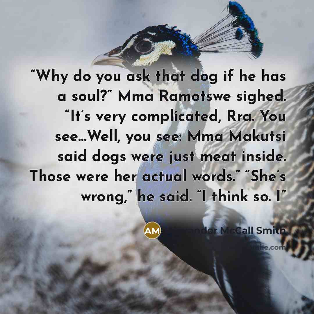 “Why do you ask that dog if he has a soul?” Mma Ramotswe sighed. “It’s very complicated, Rra. You see…Well, you see: Mma Makutsi said dogs were just meat inside. Those were her actual words.” “She’s wrong,” he said. “I think so. I” quote by Alexander McCall Smith