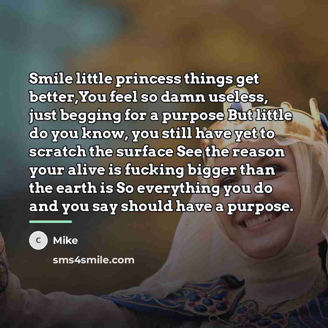 “Smile little princess things get better,You feel so damn useless,…” quote by Mike
