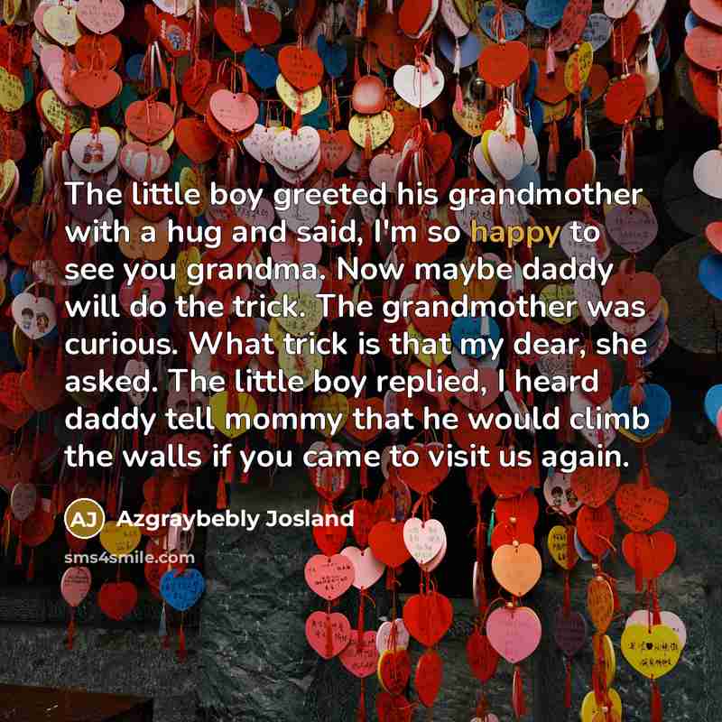 “The little boy greeted his grandmother with a hug and said, I'm so happy to see you grandma. Now maybe daddy will do the trick. The grandmother was curious. What trick is that my dear, she asked. The little boy replied, I heard daddy tell mommy that he would climb the walls if you came to visit us…” quote by Azgraybebly Josland