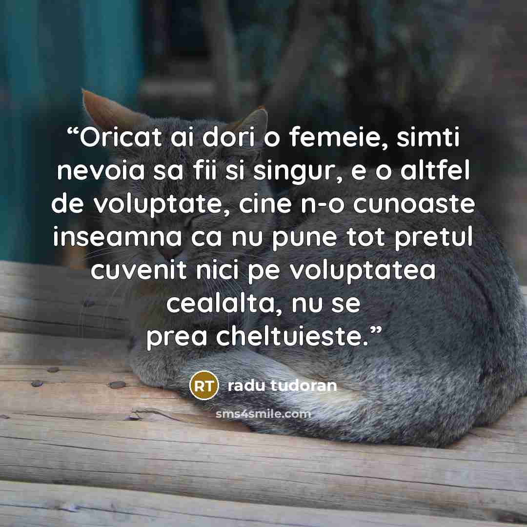 “Oricat ai dori o femeie, simti nevoia sa fii si singur, e o altfel de voluptate, cine n-o cunoaste inseamna ca nu pune tot pretul cuvenit nici pe voluptatea cealalta, nu se prea cheltuieste.” quote by Radu Tudoran