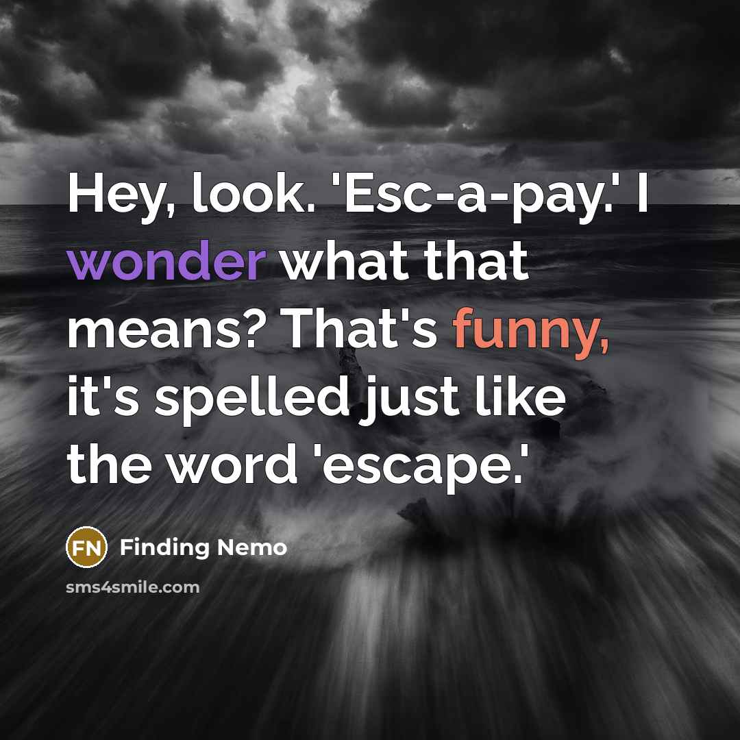 “Hey, look. 'Esc-a-pay.' I wonder what that means? That's funny, it's spelled just like the word 'escape.'” quote by Finding Nemo